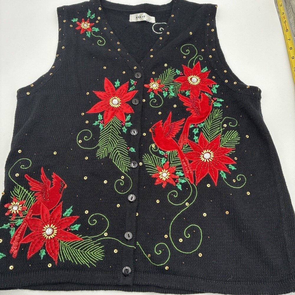 Kikit Knitwear Christmas Sweater Vest Black Cardinals Poinsettia Beaded Womens L